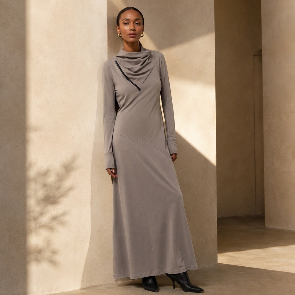 Marcella Maxi Dress Cotton Modal Asymmetrical Zip Cowl Neck Womens L Gray